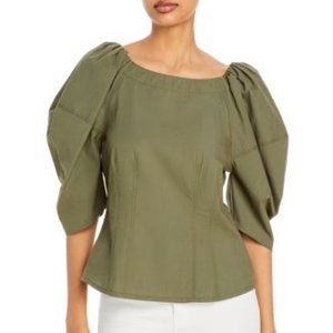 Rebecca Taylor Lantern Sleeve Poplin Blouse Green